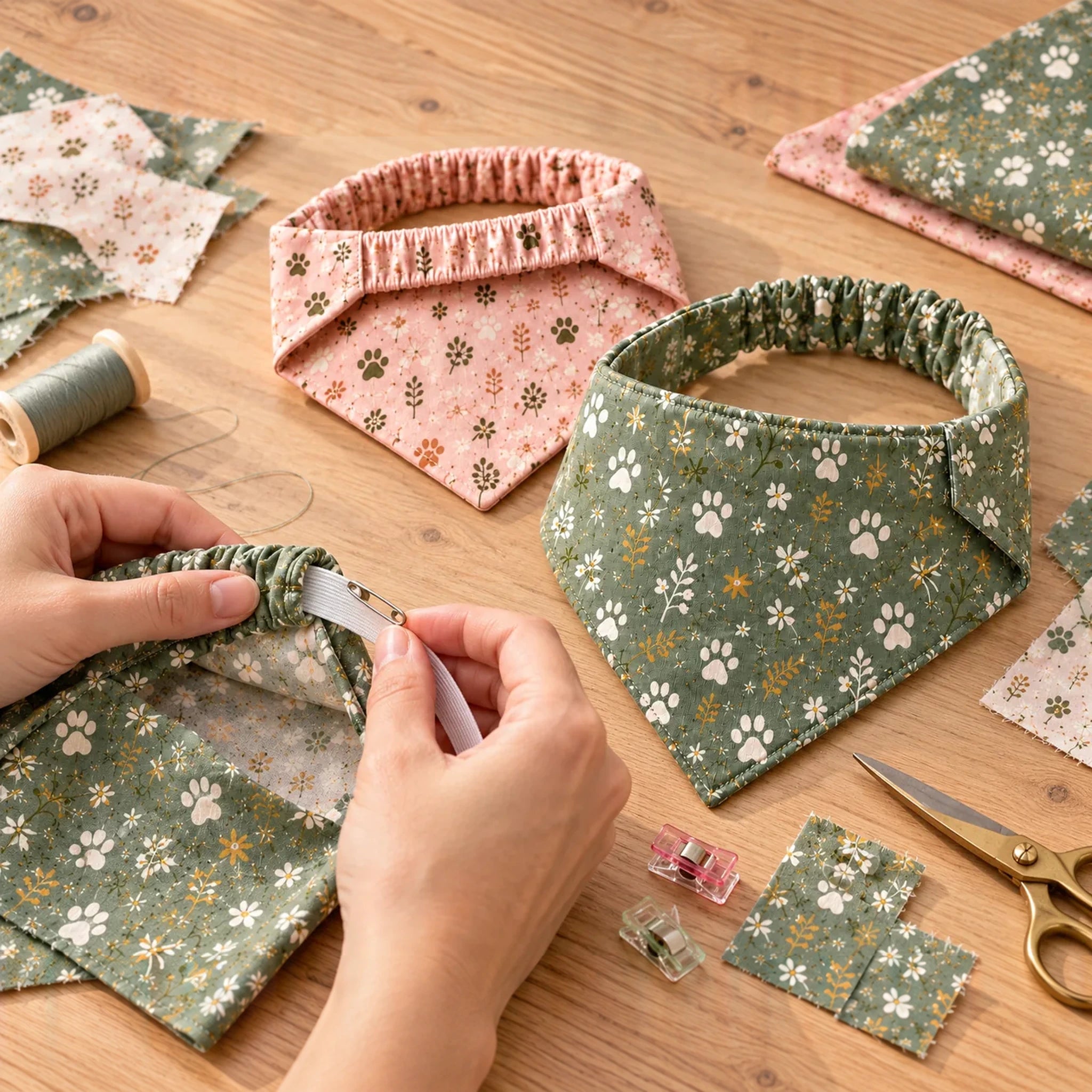 Sewing a lined dog bandana with a gathered elastic back using coordinating fabrics
