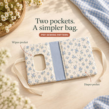 An empty unfolded blue floral diaper wallet shows its wipes-access opening, plain diaper pocket and pale blue center lining with pocket labels.