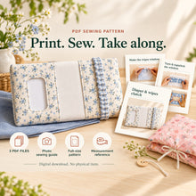 An open blue floral diaper wallet stands beside dimensional PDF page previews and labels for the photo guide, full-size pattern and measurement reference.