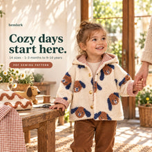 Child wears a lined cream dog-print sherpa and rust gingham hooded jacket with long sleeves, turned cuffs and gold snaps. Fourteen pattern sizes from 1–3 months to 9–10 years.