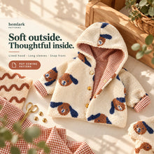 Close-up of a cream dog-print sherpa and rust gingham jacket hood, lining, snap front and turned sleeve cuff. PDF sewing pattern.
