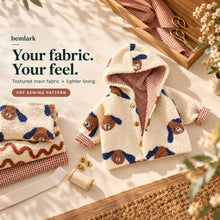 Sherpa main fabric, light gingham lining and sewing supplies form a tactile materials arrangement.