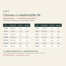 Finished hooded jacket size chart with 14 sizes from 1–3 months to 9–10 years. Columns show child height, width across front and length down front in inches.