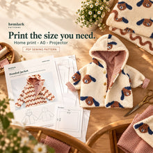 Layered pattern print preview with fabric and three workflows: home print, A0 and projector. PDF pattern sheets are shown for illustration.