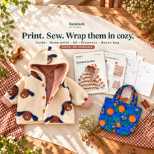A dimensional digital kit shows the jacket, guide, pattern sheets and bonus shopper bag. Five PDF downloads: guide, home print, A0, projector and bonus bag.