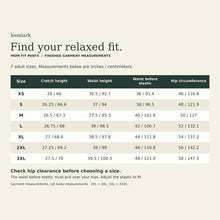 Finished garment size chart for XS to 3XL, giving crotch height, waist height, waist before elastic and hip circumference in inches/centimeters. Waist before elastic must pass over the hips.