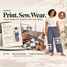 Floating Hemlark PDF guide pages, a quilt-block sewing close-up and an adult wearing slate-blue patchwork pants. Four PDF files, XS-3XL, and three pattern formats.