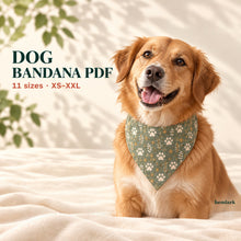 Everyday dog style lead. Lined triangular dog bandana with elastic scrunchie back in pastel pink, sage and ivory prints. Hemlark PDF sewing pattern.