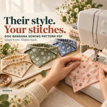 Sewing the bandana top edge. Lined triangular dog bandana with elastic scrunchie back in pastel pink, sage and ivory prints. Hemlark PDF sewing pattern.