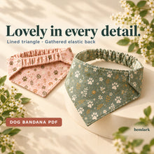 Front and elastic-back detail. Lined triangular dog bandana with elastic scrunchie back in pastel pink, sage and ivory prints. Hemlark PDF sewing pattern.
