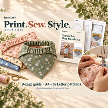 Dimensional PDF sewing kit. Lined triangular dog bandana with elastic scrunchie back in pastel pink, sage and ivory prints. Hemlark PDF sewing pattern.