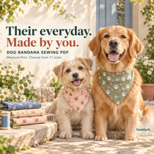 Everyday style finale. Lined triangular dog bandana with elastic scrunchie back in pastel pink, sage and ivory prints. Hemlark PDF sewing pattern.