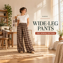 Lead image showing rich cocoa-brown and warm cream windowpane plaid wide-leg pants with elastic waist and front pockets. Hemlark digital sewing pattern.