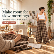 Atelier story showing rich cocoa-brown and warm cream windowpane plaid wide-leg pants with elastic waist and front pockets. Hemlark digital sewing pattern.