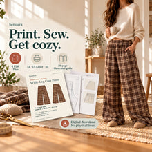Dimensional digital kit showing rich cocoa-brown and warm cream windowpane plaid wide-leg pants with elastic waist and front pockets. Hemlark digital sewing pattern.