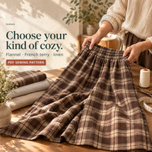 Fabric-choice artwork showing rich cocoa-brown and warm cream windowpane plaid wide-leg pants with elastic waist and front pockets. Hemlark digital sewing pattern.