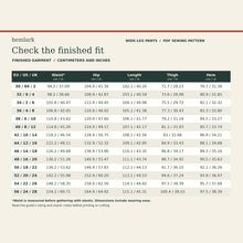 Exact finished garment measurements for 14 sizes EU30-56 / US00-24 / UK2-28: ungathered waist, hip, length, thigh and hem in centimeters and inches.