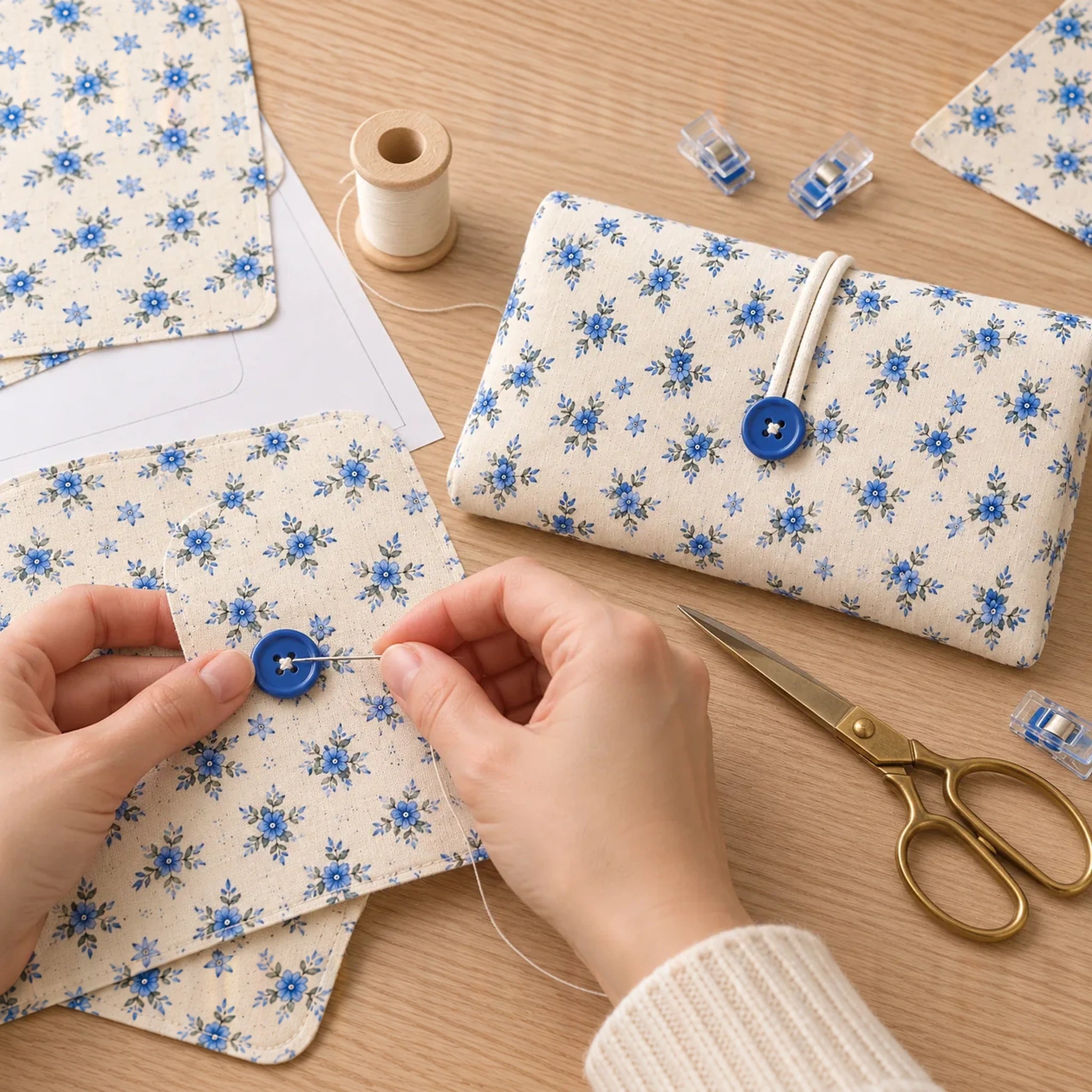 A floral diaper and wipes clutch sewing project with matching fabric and tools