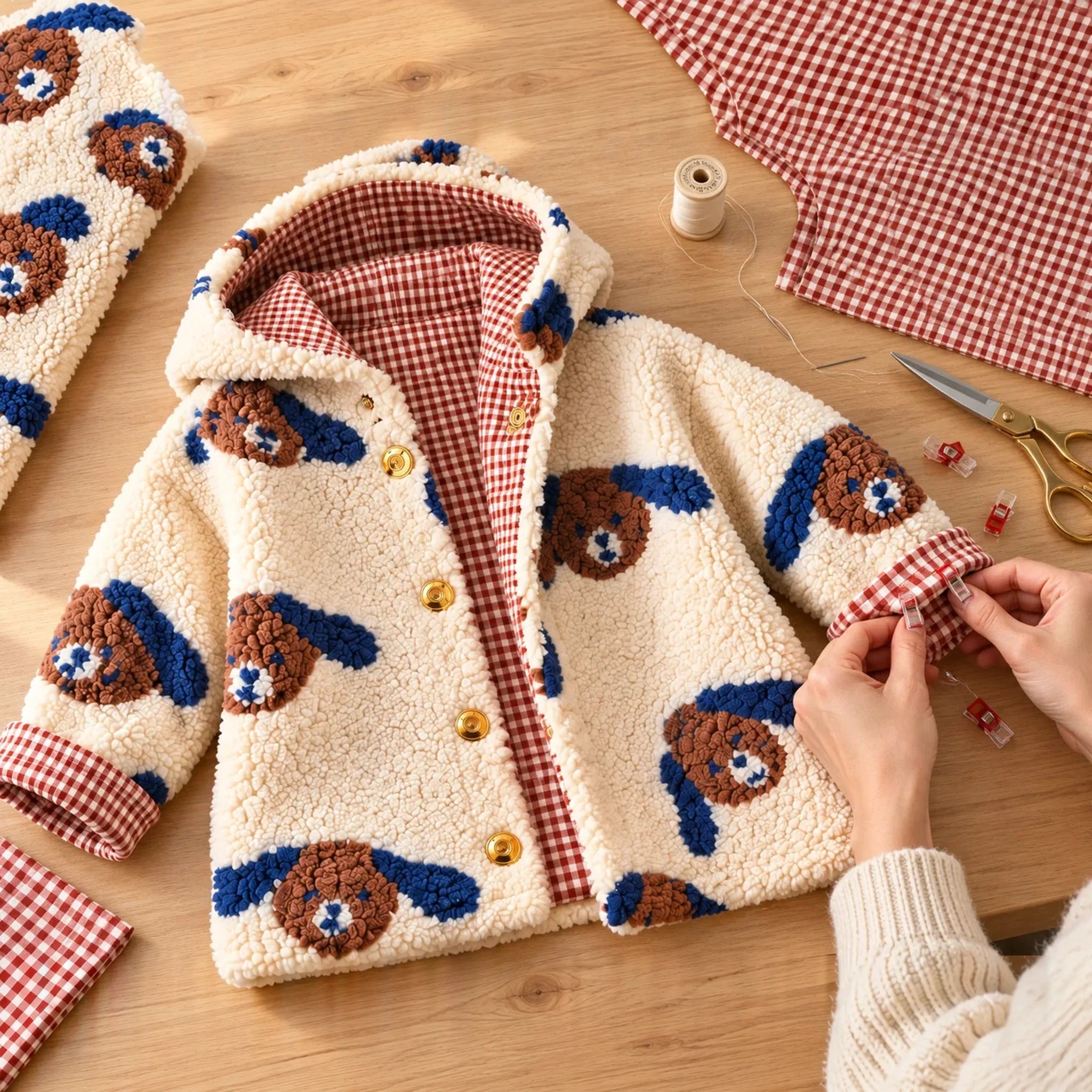 Hooded jacket sewing project with matching lining fabric and sewing tools