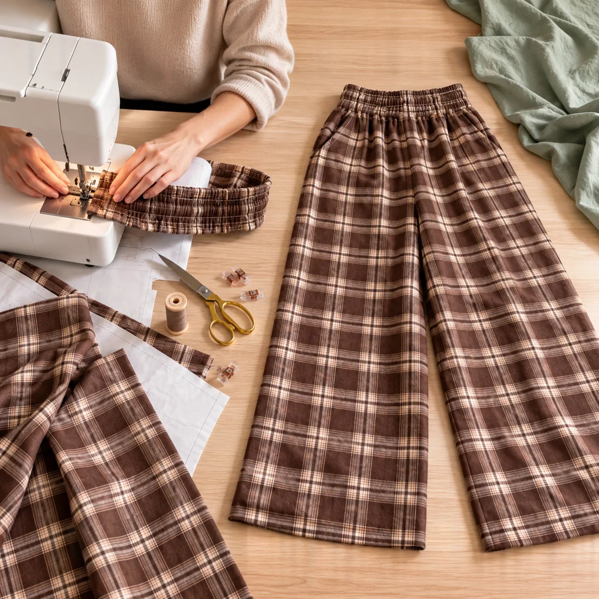 Hands working with fabric and a sewing machine in the Hemlark studio
